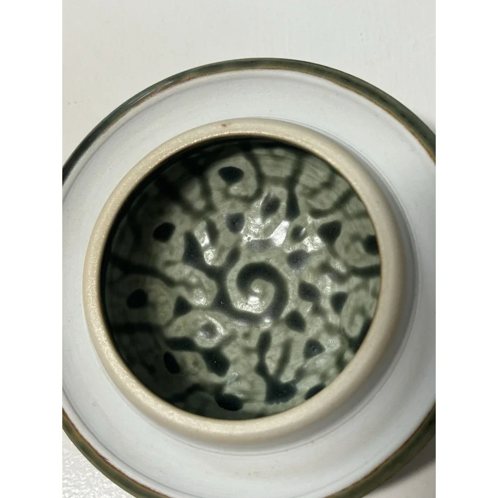 North Carolina Pottery With A Lid. Blue And Sage With A Leaf Motif